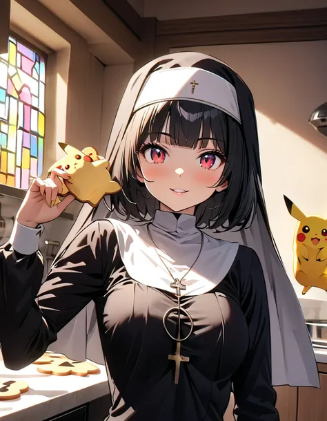 (Bake Pikachu-shaped cookies in the kitchen:2.0),(nun:1.5),(beautiful girl:1.3),1girl,masterpiece,Highest quality,Ultra-high resolution, rich contrast ,super high quality,8k,Highly detailed CG unit wallpaper,texture,Incredibly absurd,Ultra-high resolution,...