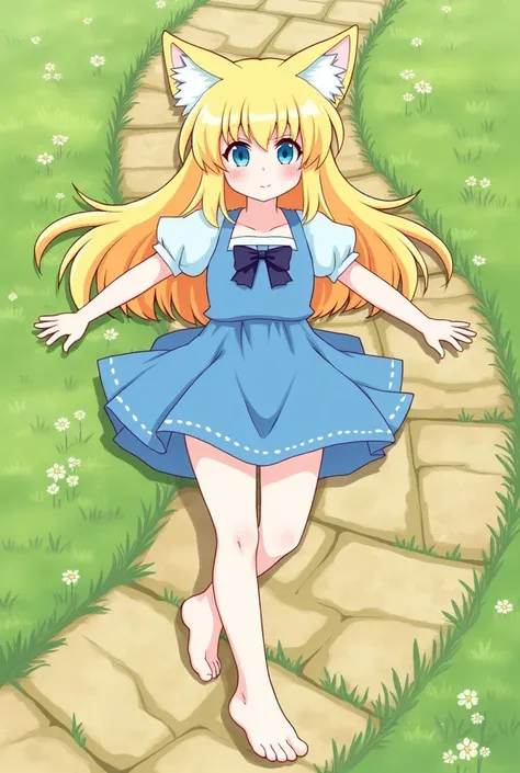 1girl, solo, dog girl, yellow fur, yellow hair, dog ears, long hair, bow, blue dress, (from above:1.3), lying, outdoors, cobblestone path, puffy sleeves, blue eyes, grass field, flowers,, (uploaded on e621, furry, anthro, kemono:1.3),, (best quality, maste...