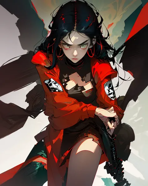 Create a highly detailed digital illustration of a stylish futuristic female character standing confidently in front of an abstract cyberpunk-inspired graffiti background. The character has long black hair with vibrant red highlights and sharp bangs framin...