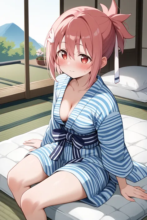 Yuuki Yuna,megami magazine,short hair,red hair,short ponytail,hair ribbon,white ribbon,hair ornament,pink hair ornament,bangs,hair between eyes,red eyes,small breasts,
yukata,wearing japanese yukata,cleavage,print light blue stripe yukata,(plain color yuka...