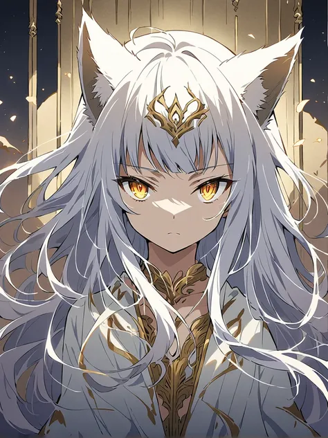 (( top quality)), (( masterpiece fails)), ( in detail), ((perfect face))、miyabi ,man, long,  flowing silver hair with thin strands .
spicy,  pierced golden eyes .  Fox ears on top of her head .
 Serious and slightly mysterious . Pale and smooth .
 Fan Art ...