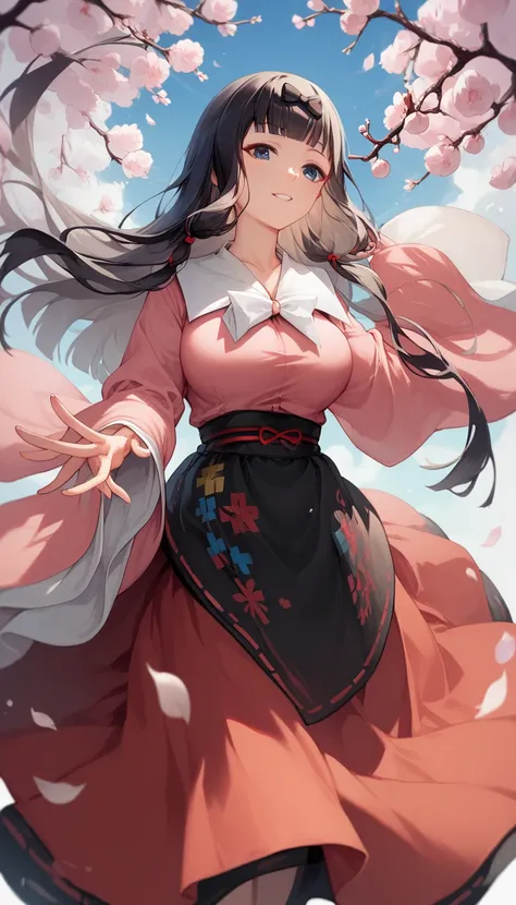 ,1girl, houraisan_kaguya, long_sleeves, pink_shirt, wide_sleeves, red_skirt, white_bowtie, sidelocks, long_skirt, jeweled_branch_of_hourai,long Hair,black hair,HIME CUT,large breast,