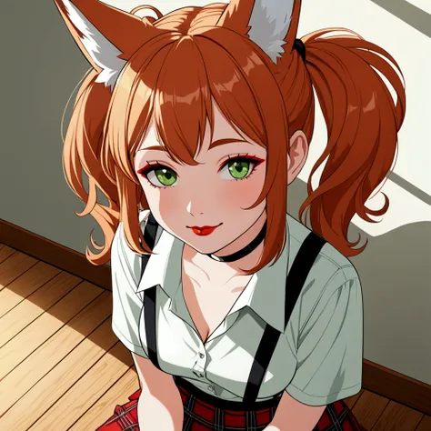 high angle view, (green smoke:1.2), (weed:1.2), 1thin girl, (fox fur ears:1.2), black elastic band in ginger wavy medium hair with ponytails up hair, sharp nose, very big ass and very small chest, black choker and suspenders, wooden floor, very short white...