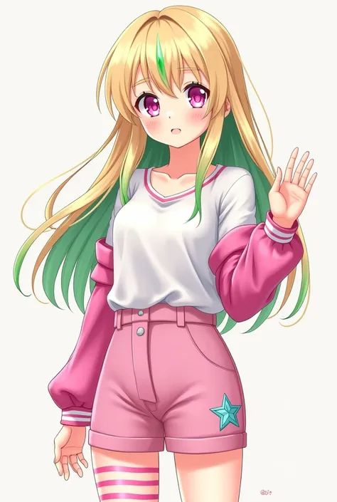 Profile picture of a girl with long blond hair with green wigs,with crystal pink eyes , wearing a white blouse with pink sleeves and pink shorts , with half stripes on one leg and on the other leg printed with stars in 3D anime