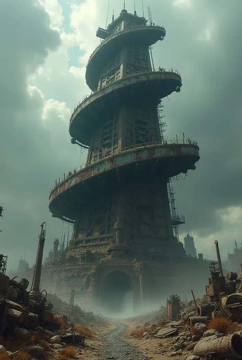 The Dark Tower, a colossal, spiraling monolith where bone and rusted metal fuse into a nightmarish architecture, desolate wasteland, littered with the decaying husks of obsolete machines. Chaotic, symphony of decay, 