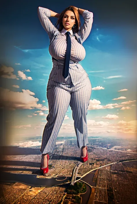 Giantess art, 100 miles tall giga giantess, sophisticated and stylish woman in a light grey italian pinstriped trouser suit, form fitting crisp white office shirt, and a large wide crimson necktie in a windsor knot, with a beautiful, curvaceous figure, lar...