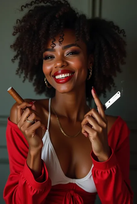  Black Woman, dressed in red and white ,  with a razor in her hand and a cigar in the other, Young, beautiful, and smiling, with red lipstick 