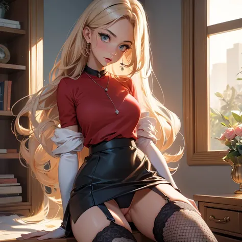 ((invite for sex))(masterpiece, best quality:1.4), absurdres, highres, ultra detailed, beautiful, (perfect face, detailed face, beautiful:1.3),(breasts exposed), no gloves) black pencil skirt, tight, over the knee skirt, thighhighs, thick thighs, thighs,Ga...