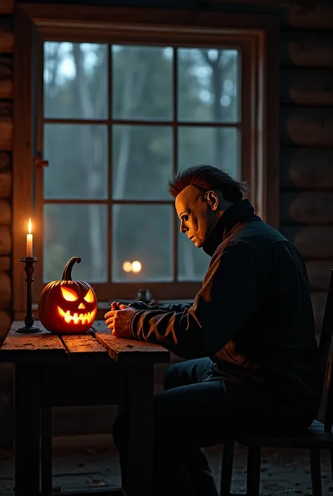 Michael Myers from Halloween ,  sitting in a cabin looking at a Halloween pumpkin 