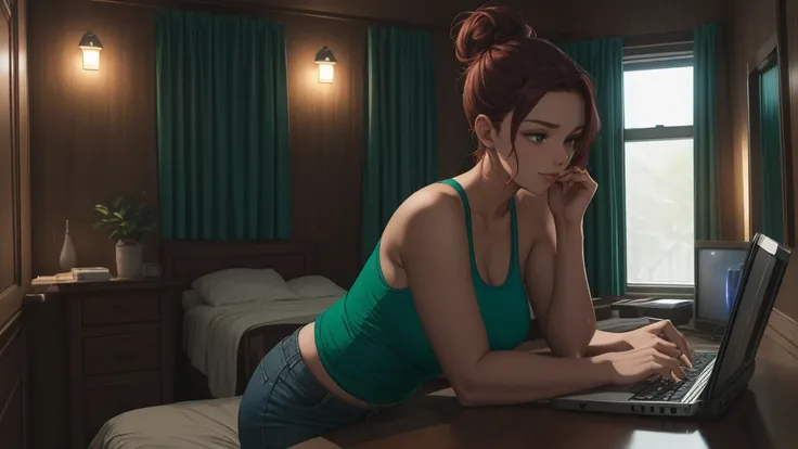 "A cozy and cinematic bedroom with a dark, rainy atmosphere featuring A woman big bobs with short wavy auburn hair tied in a loose bun, wearing a lush red tank top and fit jeans, The woman is focused on typing on a laptop placed on the desk. The room is il...