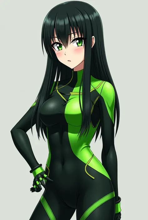 Anime girl 
Hair:

Long, straight, and jet black, cascading down her back with a smooth, sleek texture.



Eyes:

Vibrant green with a slightly glowing effect, making them appear piercing and intense.

Her eyes are almond-shaped and slightly narrowed, ofte...