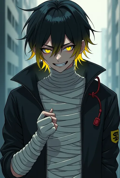   The character is an anime male with soft and shiny black hair, ending in a bright yellow color, which is a striking contrast. .  His hair looks light and slightly long, with messy flying limbs It increases the character of his crazy character . . His smi...