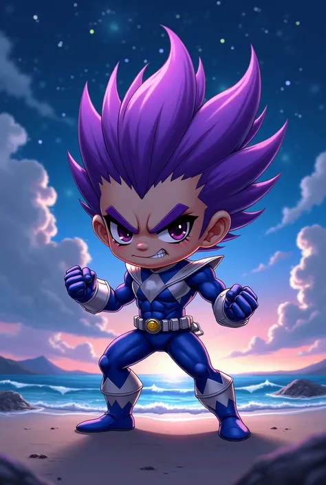 Create an image of a purple haired power ranger clothes, chibi muscle girl, night beach, sky, thicc, muscle legs,