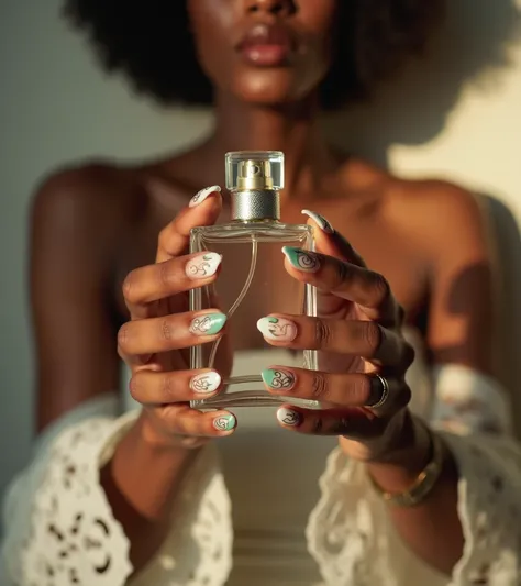 Close-up of a african womans hands holding an elegant transparent perfume bottle with a sleek and luxurious design. The womans nails are adorned with intricate, artistic nail art in soft white, green, and light blue colors, featuring swirls and delicate pa...