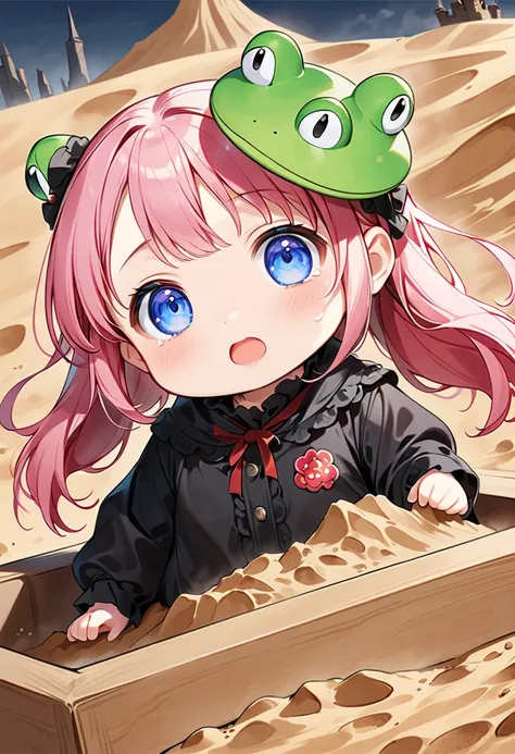 (The background is a park sandbox :1.5、(Chibiガールが黒土で壊れたDark Towerを作っている:1.5)、 a few frogs ride on the Dark Tower :1.5)、(( One Girl :1.5)、((Chibi、Chibiガール:1.5)))、Kindergarten student:1.5、((Playing in the sandbox:1.5))、 top quality、 high definition 、 detaile...