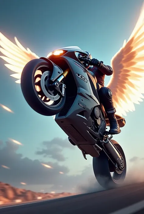 A racing motor with angel wings, Doing wheelie. 