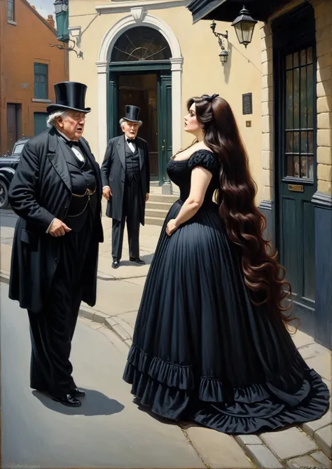 Full body view, a plump voluptuous buxom, fully figured, very long hair, brunette, mature victorian widow in a black dress standing the corner of a street arguing with an elderly gentleman, oil painting 