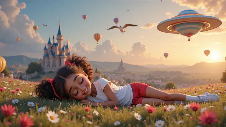 Style: Inspired by Disney-Pixar style films, characters and promotional paintings.
Characteristics of the girl: An girl, fair-skinned, mixed race, daughter of a black father and white mother, curly hair tied in two ponytails with red ribbons. She wears a...