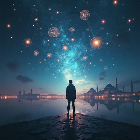  A modern and striking image .  a person standing ,  partially illuminated ,  looking towards a horizon full of abstract and mysterious elements,  like old floating maps , constellations shining ,  and historical structures blurred in the background .  The...