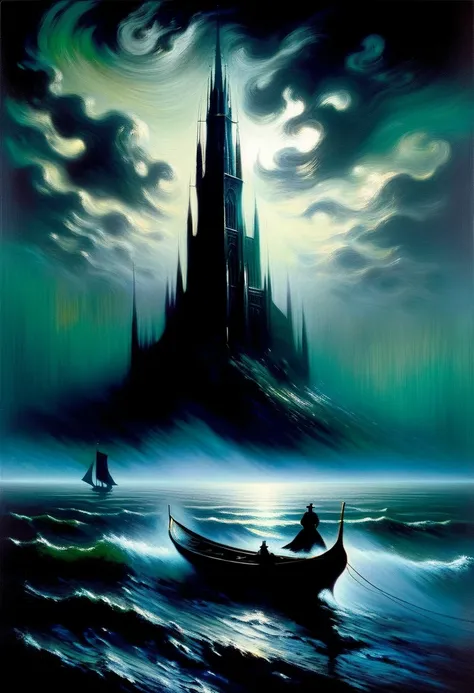 the mysterious utopian Dark Tower: the Victorian era: Stephen Kings creative: dark noir foggy setting: horror: on the other shore: Claude Monets painting technique in extreme detail: fine oil smear: extravagant: aesthetics: mysticism