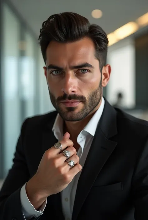 A realistic Spanish man. He has a handsome face and clear skin. His eyes are gray, his hair is brown and his eyebrows is brown high arc. Wearing metal rings on ring and index fingers. Hes wearing black suit and the background at an office. 