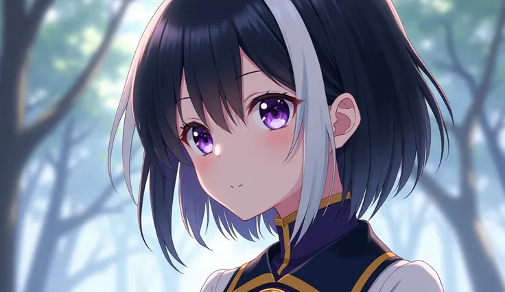  A beautiful girl with short hair is half black and half white (however, the hair on her temples is very long ), she has heterochromia, her left eye is yellow and her right eye is purple, dressed in a beautiful and comfortable uniform of a magic academy in...