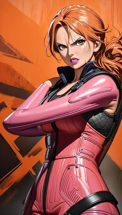 Create an edited image of Nami from One Piece at the age of 55, styled as Jill Valentine from Resident Evil. Nami should be wearing a fitted pink battlesuit with sleek, futuristic armor elements. She should have pink gloves and high-heeled pink boots, givi...