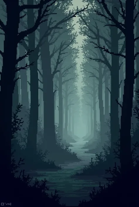 Create an image of a dark forest pixel art with a horizontal aspect ratio of 16:9 