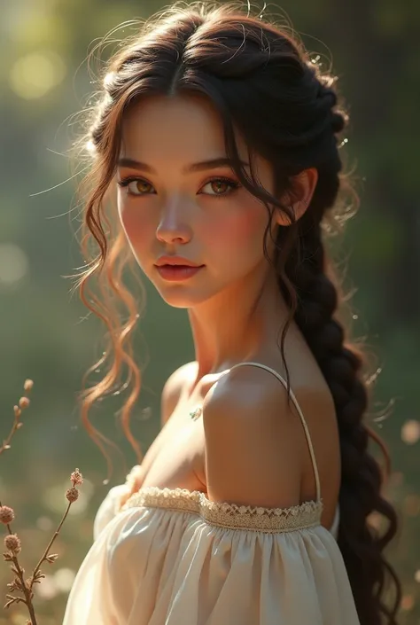 
Draw a beautiful girl with a delicate and ethereal appearance.
Hair: She has extremely long, straight, braided brown hair. The braid falls elegantly down her back until it almost touches the ground.
Face: Her face has fine, soft features, with a captivati...