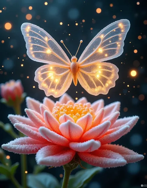 Extreme close-up shot of a stunning butterfly perched delicately on a vibrant flower. The butterflys iridescent wings shimmer with an otherworldly sheen, evoking the twinkling stars in a night sky, as soft morning dew glistens on the petals and leaves.