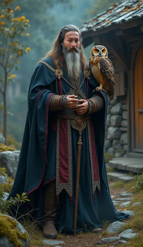 Young arch magician with prominent hair and beard, in a haughty and dignified pose, full body from head to toe, surrounded by a magical and subtle aura of various beautiful and luminous colors, on one of his shoulders stands a beautiful owl, the surroundin...