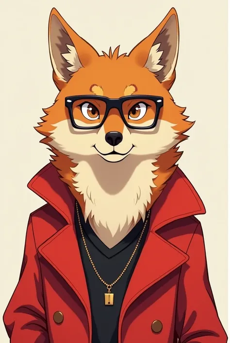 Generate a brown wolf in a red coat with rectangle glasses his name is Lobo Boyola art anime style 