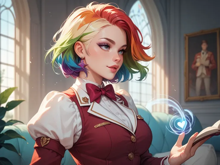 
beautiful girl with rainbow-colored hair,  and her eyes are gray ,  Dressed in a magic academy uniform, Against the background of a modern apartment, .