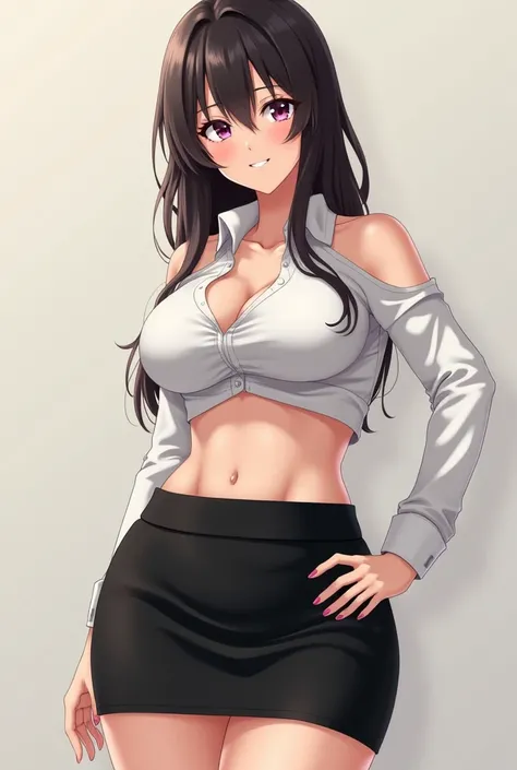 Anime teacher get tight skirt chest and belly open full size get black skirt white short outfit get sweatier dah breasts and hips plumper 28 years old get formal bosma just make it sweatier
