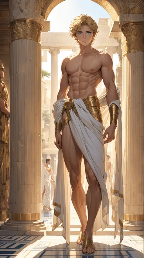 An ancient egyptian man, boy, Greek god, muscular, graceful, 18 years old boy with elegant presence, short curly blonde hair, blue eyes, ((wearing detailed Grecian robes)), standing inside Ancient Greek temple, intricate, elegant, highly detailed, masterpi...