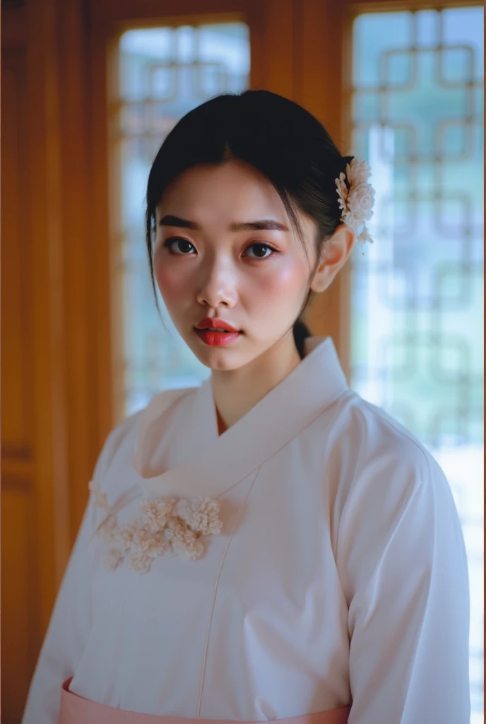 A beautiful female servant wearing a white hanbok from the Joseon Dynasty, smile