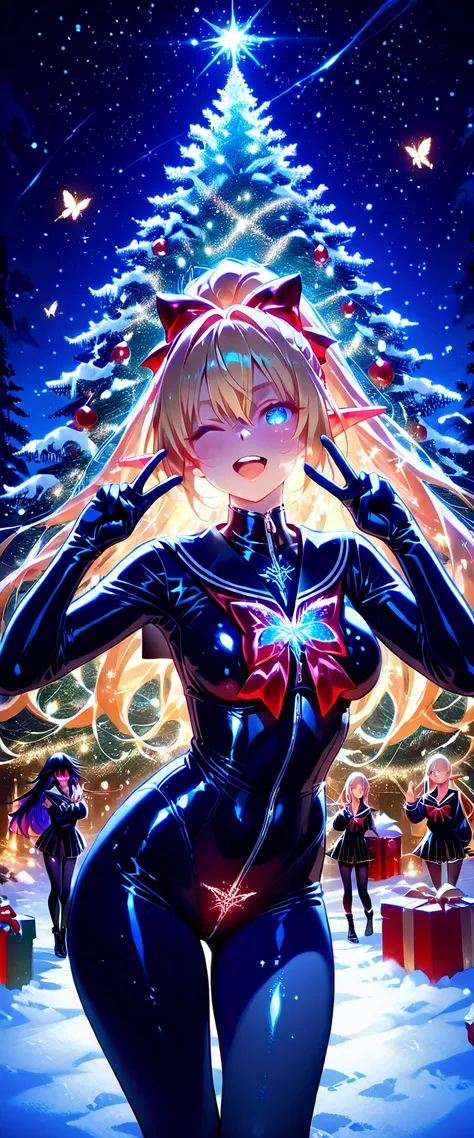 ((masterpiece)),  top quality,  SUPER DETAILS,  high definition ,  Extremely Detailed CG Integrated 8K Wallpaper,  detailed anatomy , (( surrounded by countless Christmas trees)), (( Sparkling Illuminations )), 3girl, (High School Girl Elf), (((Christmas V...