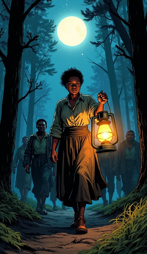 A heroic comic-style illustration of Harriet Tubman leading a group of people through a dense, moonlit forest. She is dressed in rugged clothing and holds a lantern that casts a warm glow. The stars in the sky and shadows in the forest create a dramatic, h...