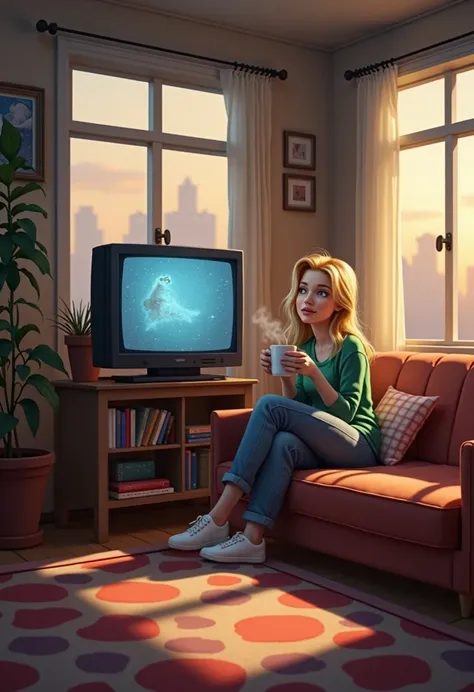 
Buffy Summers is sitting in front of the TV in a cozy room drinking coffee, an old movie is on TV , Outside the window is a starry night, cozy atmosphere, beautiful Buffy ,