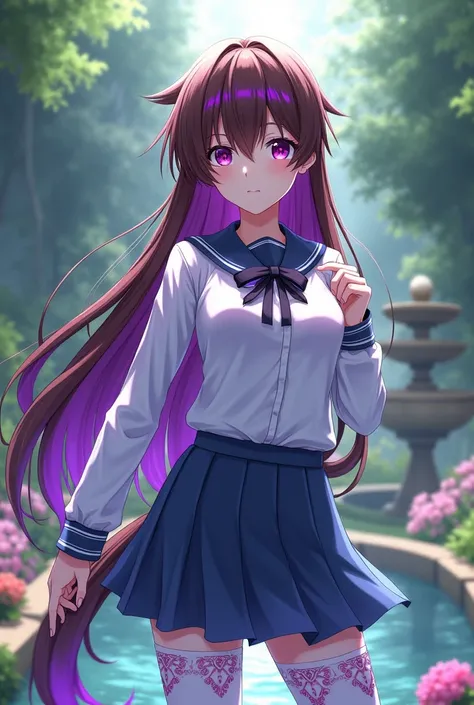 A girl Stilo Yandere simulator purple eyes brown hair long purple highlights with a long hair tail and her white school uniform with blue mini skirt and white and purple tights in a garden with a fountain and who has a lot of pechonality
