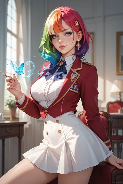 beautiful girl with rainbow-colored hair,  and her eyes are gray ,  Dressed in a magic academy uniform, Against the background of a modern apartment, .
