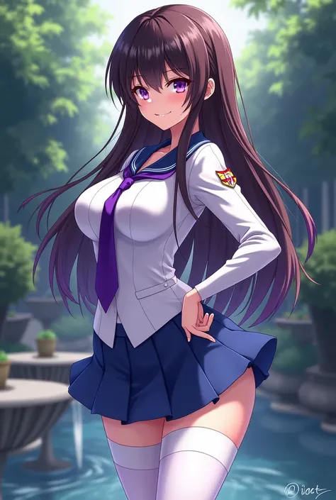 A girl Stilo Yandere simulator purple eyes brown hair long purple highlights and her white school uniform with blue mini skirt and white and purple tights in a garden with a fountain and who has a lot of pechonality
