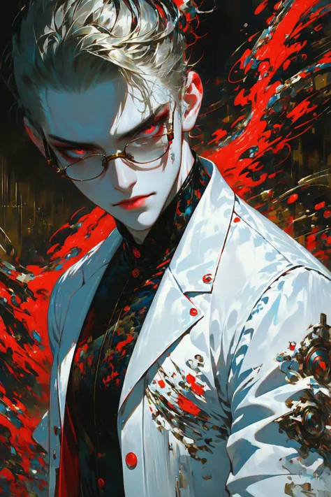 masterpiece, high_quality, distinct_image, laboratory, 1boy, scientist, chemist, Menhera, long_eyelashes, red_eyes, glowing_pupils, red_lips, thick_lips, compression_shirt, waistcoat, lowleg_pants, pumps, round_eyewear, latex_gloves, gradient_hair, medium_...