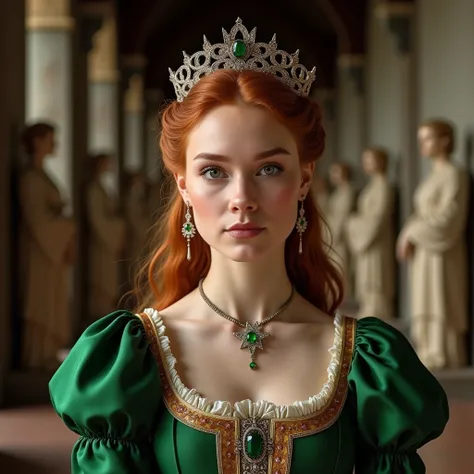 Women wirh reddish-brown hair with her hair tied up in a formal hairstyle and a tiara with emeralds on her, She is wearing a green Tudor style dress and a seven point star necklace standing in a medieval church with statues behind her






