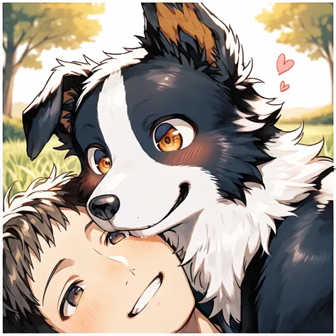 (1 adult anthro border collie woman 1.9), (close-up), (portrait 1.6), (loving aura 1.5), (medium plump lips 1.4), (gentle smile 1.4), (anthropomorphic face with human-like features 1.8), (black and white border collie fur 1.8), (stylish short hairstyle wit...