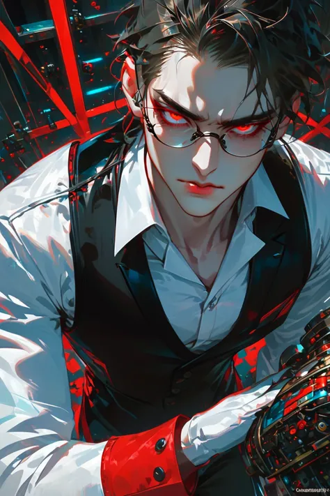 masterpiece, high_quality, distinct_image, laboratory, 1boy, scientist, chemist, Menhera, long_eyelashes, red_eyes, glowing_pupils, red_lips, thick_lips, compression_shirt, waistcoat, lowleg_pants, pumps, round_eyewear, latex_gloves, gradient_hair, medium_...