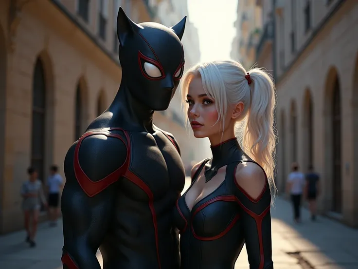 Wallpaper realista do peter parker e da felicia hardy (black cat) juntos olhando para o espectador bem Away from the camera , Is it possible to view their entire bodies .

peter parker: without mask, moreno, high, 18 years old, Athletic but thin body , um ...