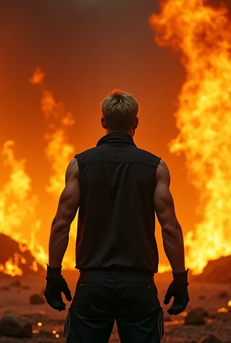 A 22 year old man with short blonde hair. His back facing the screen with a background of fire burning. He has finger gloves on and a black sleeveless jacket.