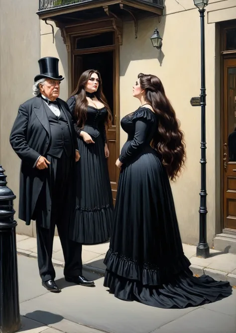 Full body view, a plump voluptuous buxom, fully figured, very long hair, brunette, mature victorian widow in a black dress standing the corner of a street arguing with an elderly gentleman, oil painting 