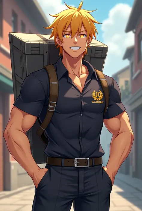  old boy,  strong and athletic build ,  1 meter 80 centimeters tall ,  orange eyes that glow like fire , Blonde hair between short and long friendly smile,  he wears a large and long case on his back, He wears a school uniform of U . A with the button on h...